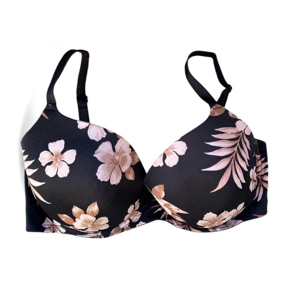 Pink Victorias Secret wear everywhere Floral Black underwire Bra Sz 38DD, 016